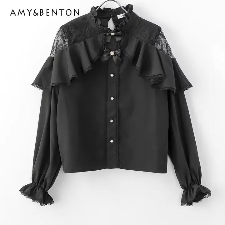 Japanese Style Cute Mine Series Mass-produced Lace Off-the-shoulder Long-sleeved Bow Women Shirt Sweet Girl Lolita Women Tops