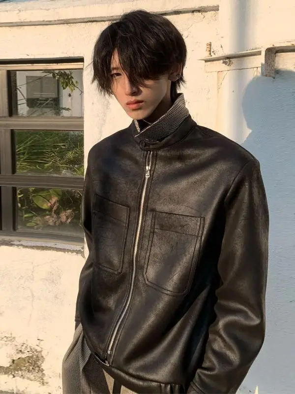 

Freezing Cra PU Leather Biker Jaet for Men Vintage Retro Motorcycle Clothing Cleanfit Trendy Brand Casual Loose Fit Spring