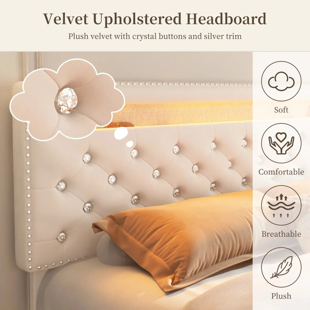 Full LED Bed Frame with Adjustable Headboard, Storage Drawers & Side Pockets, Velvet Cream bed