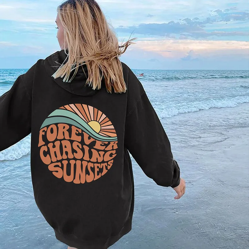 Colored Forever Chasing Sunset Hoody Retro Women Long Sleeve Inspirational Christian Hoodies Pullovers