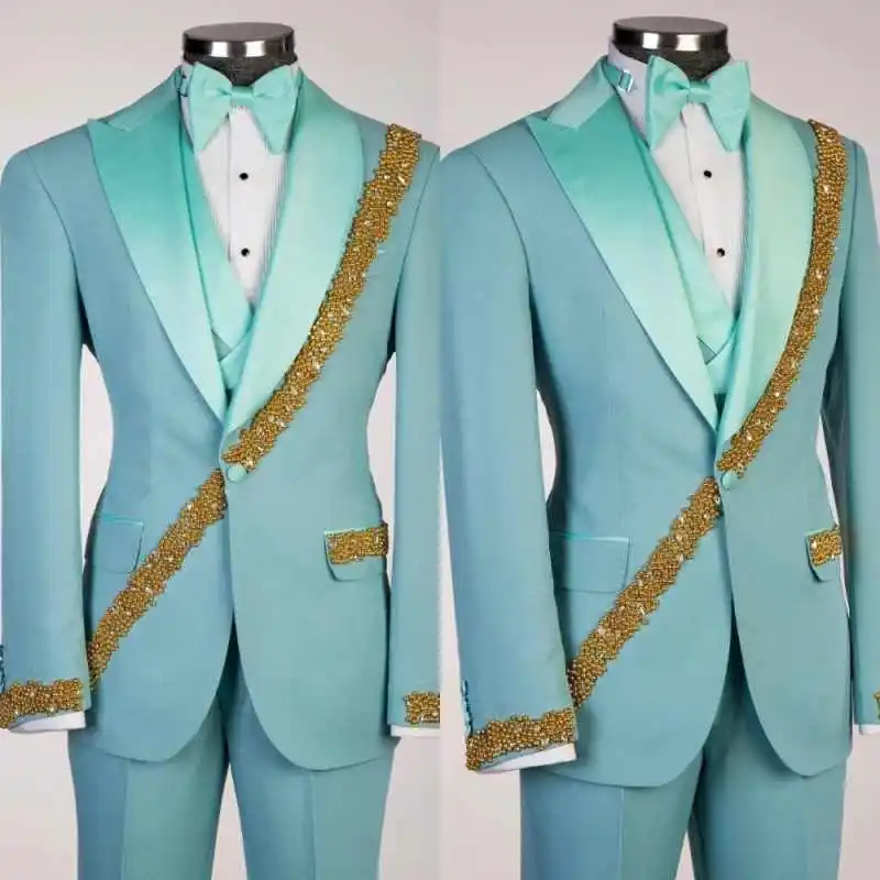 

Autumn Spring New Mens Suits 2 Pieces Blazers Pant Shawl Lapel Single Breasted Beading Formal Business Party Wear Customized