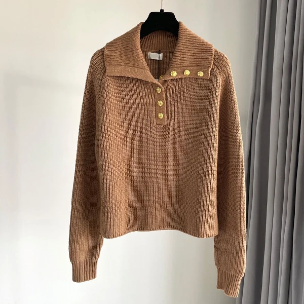 Suéter longo de malha com botão dourado, cor pura, gola virada para baixo, lã, faion para mulheres, outono inverno