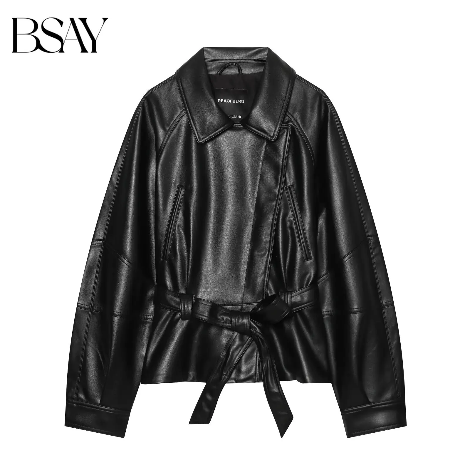 BSAY 2026 Modische Damenjacke im koreanischen Stil aus PU-Leder mit Reverskragen, Gürtel und langen Ärmeln, Oversize, für den Alltag im Herbst.