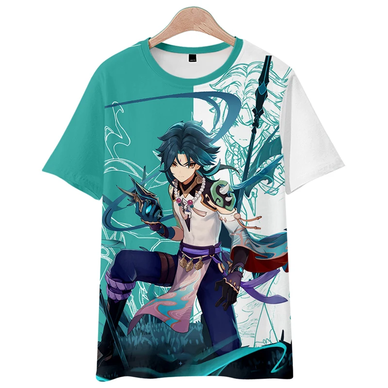 Camiseta de manga corta de animación Genshin Impact circundante para hombre, juego suelto de nogal, camiseta de anime para estudiantes, traje de pantalones cortos