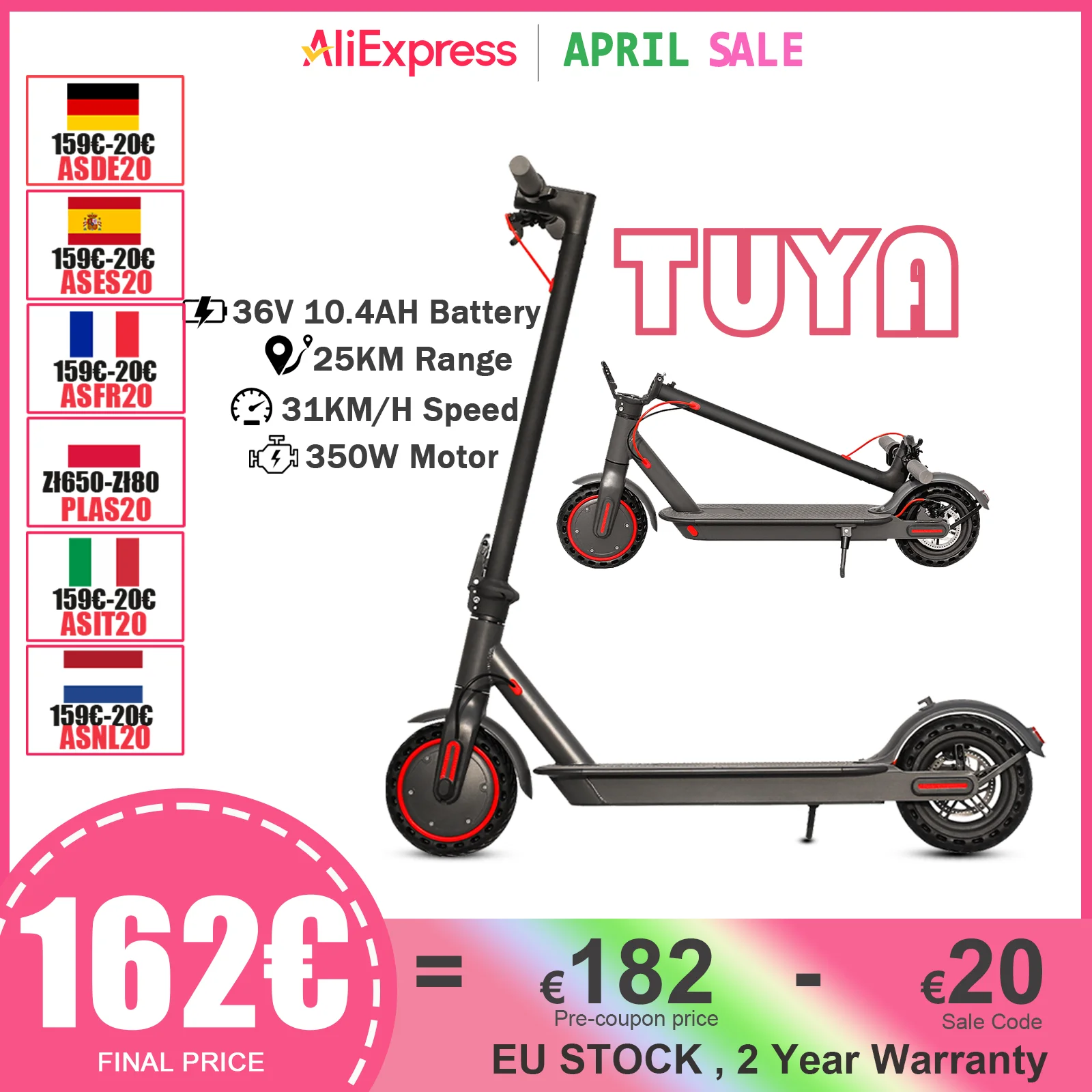 JUICEASE TUYA Elektroroller 25 km Reichweite 36 V 10,4 Ah 31 km/h 350 W Leistungsmotor Smart APP 8,5