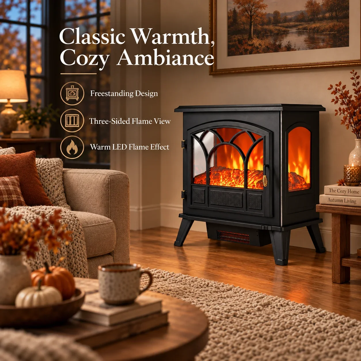 3-Sided Electric Fireplace with Dual Heat Realistic LED Flames Freestanding Portable Heater for Bedroom Living Room No Installation Required Black