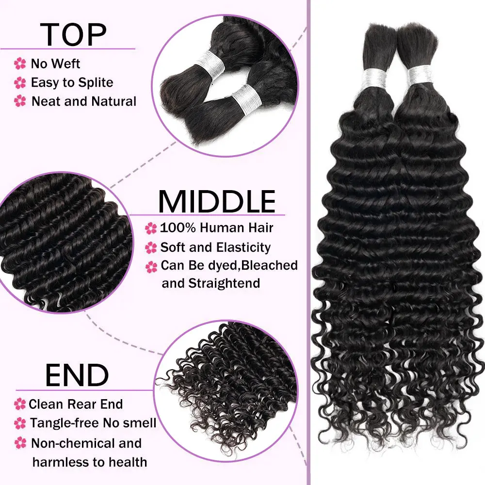 Extensions de cheveux brésiliens Remy, Deep Wave, Tresses Boho non transformées, Sans trame, 100% cheveux humains, Tressage en vrac