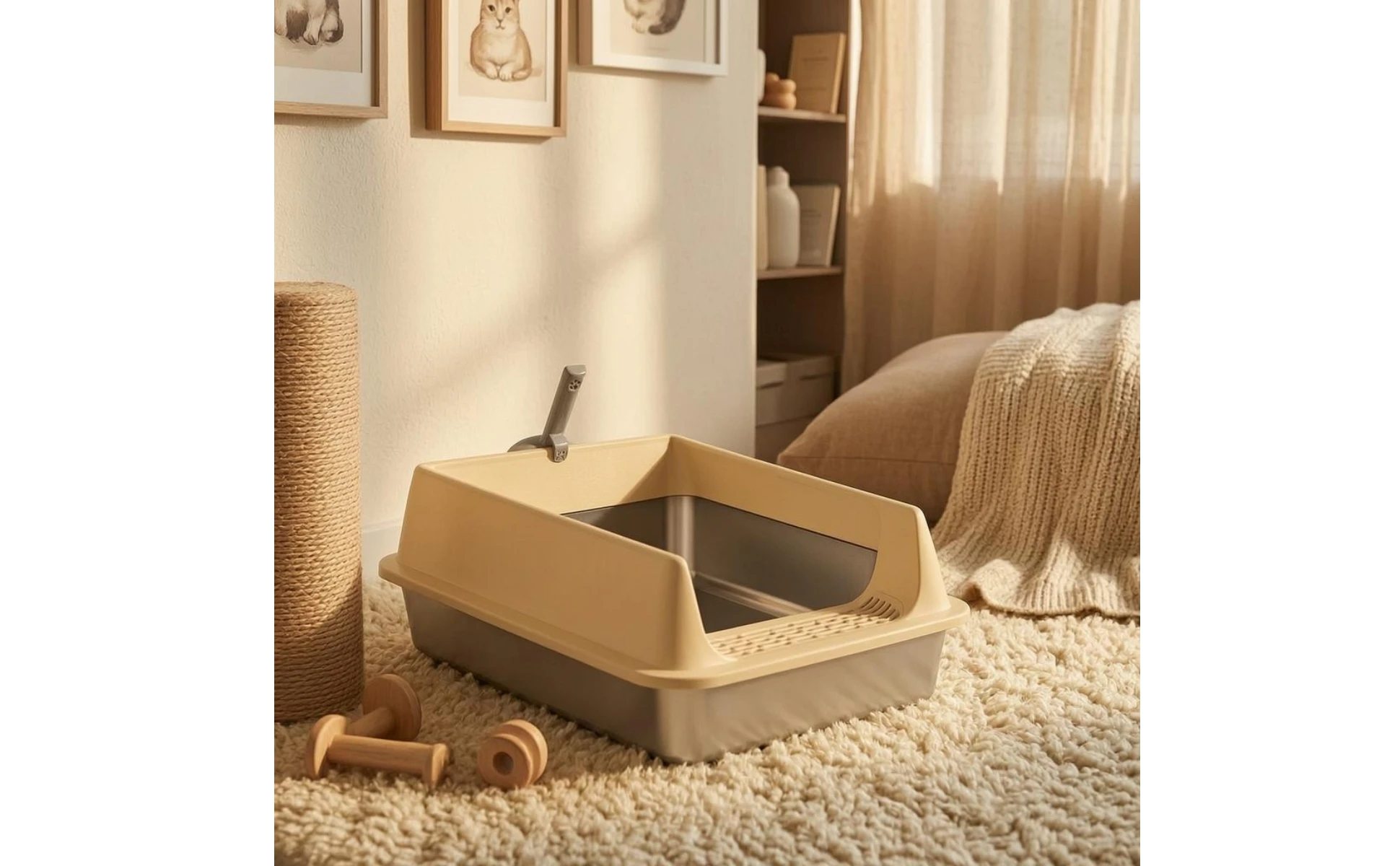 Cat Litter Box with Fence Deep Basin Open Top Litter Box Waste Tray Included Scoop Non Porous