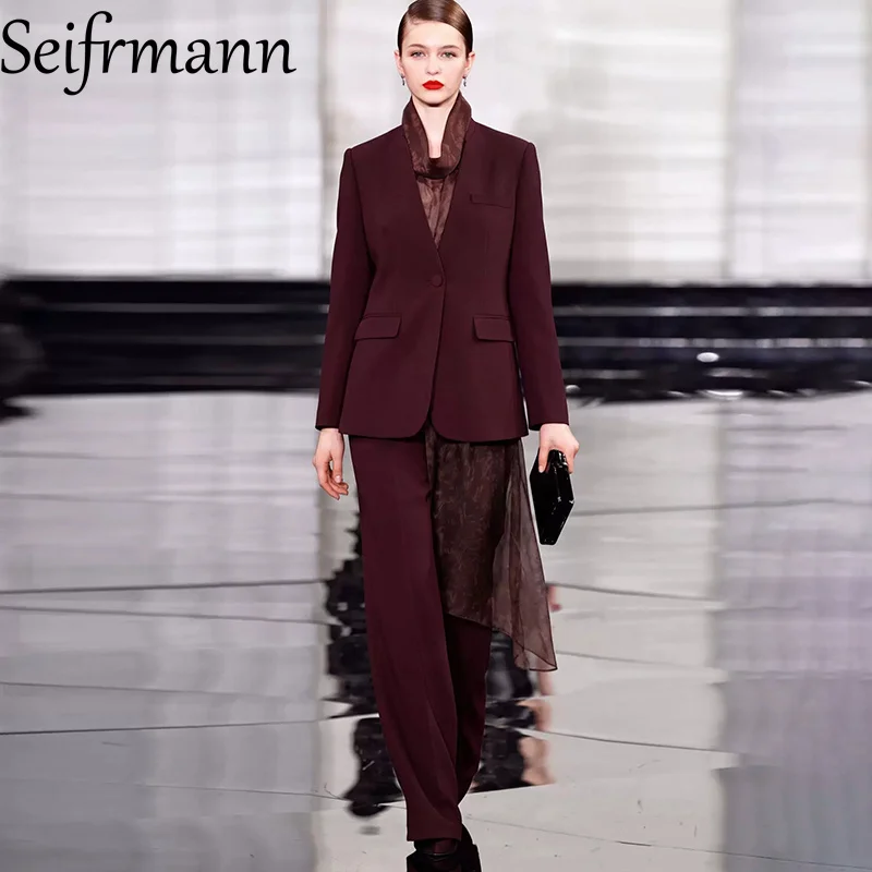 Seifrmann Solid color three-piece set irregular inner wear top v-neck blazer straight pants suit 2026 autumn women's new style
