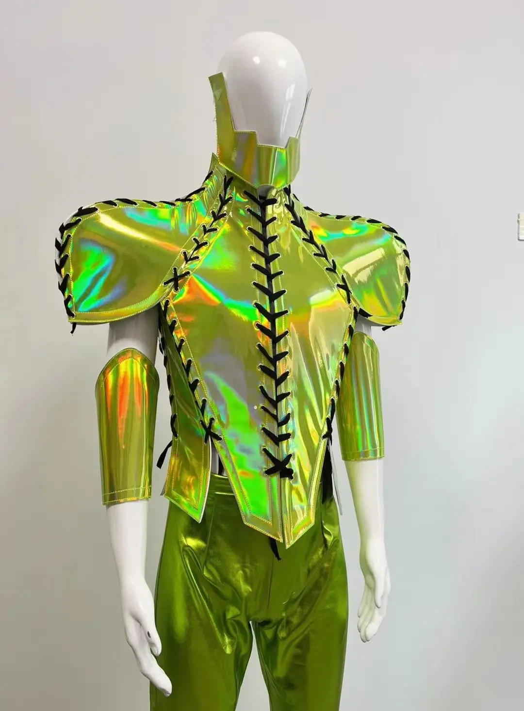 Model Catwalk Fashion Show Club Party Nightclub DJ Gogo Sexy Green Costume Stage Wear Outfit Muscle Men Space Mirror Pants Armor