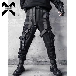 Hip Hop Tactical Pants Men Ribbons Joggers Cargo Trousers 2025 Spring Functional Elastic Waist Fahsion Streetwear Pant Black