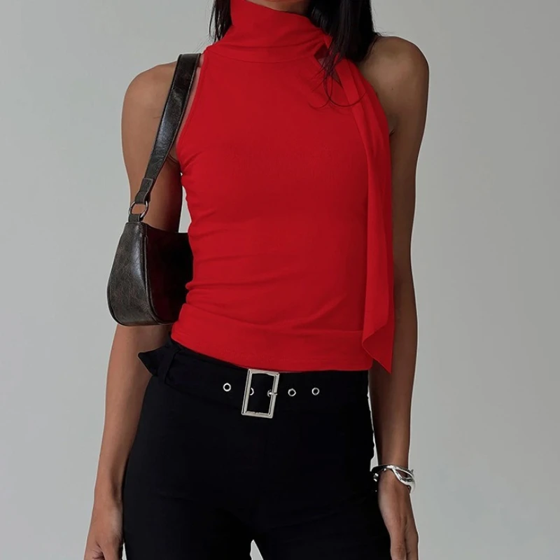

Women's Mock Neck Tank Top Y2K Sleeveless Solid Color Tie-up Halter Slim Fit Crop Going Out Top Summer Vest Shirts 2025