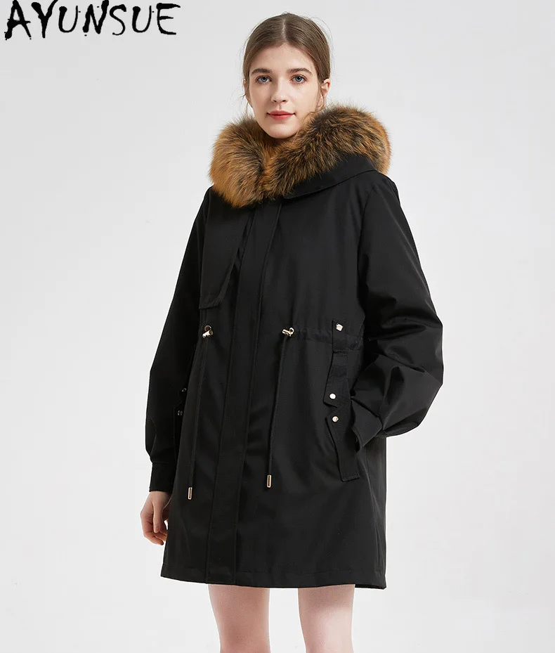 AYUNSUE Mantel Bulu Kelinci Rex Wanita Kerah Bulu Rubah Hangat Parka Bulu Asli Pakaian Musim Dingin Mantel Wanita Lapisan Dalam Dapat Dilepas Пальто Женское