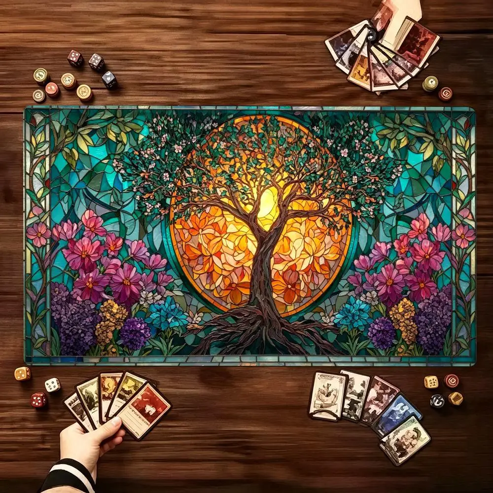 Stained Glass Tree of Life Large Game Mat Non‑Slip Rubber Playmat Vibrant Floral Art for Trading Card Tabletop Hobby Table Decor