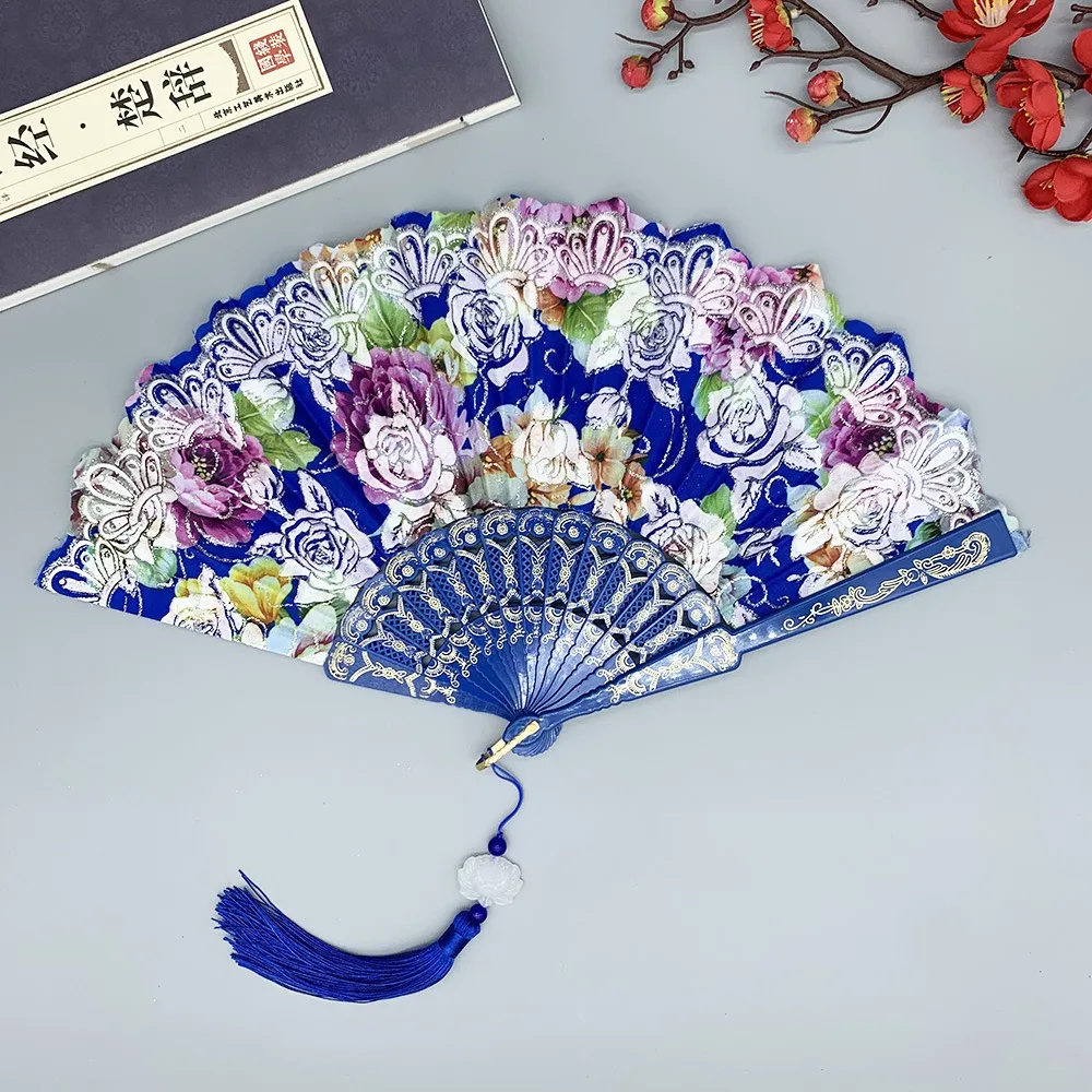 

Chinese Satin Silk Folding Fan with Gold Foil Rose & Tassel, Wedding Party Decoration, Photo Prop for Cosplay Stage Show