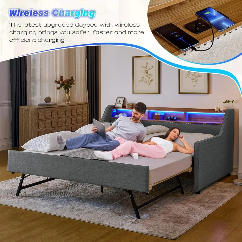 سرير نهاري مزدوج مع دولاب منبثق وشاحن لاسلكي، إطار سرير نهاري للأريكة المنجدة مع لوح رأسي للتخزين LED/USB/Type C/Storage، Twin to King #3