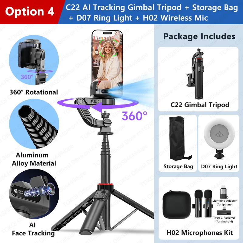 C22 AI Face Tracking Handheld Gimbal-stabilisator 360 °   Rotation Shoot Selfie Stick-statief voor mobiele telefoon, 1/4 '' schroef voor camera