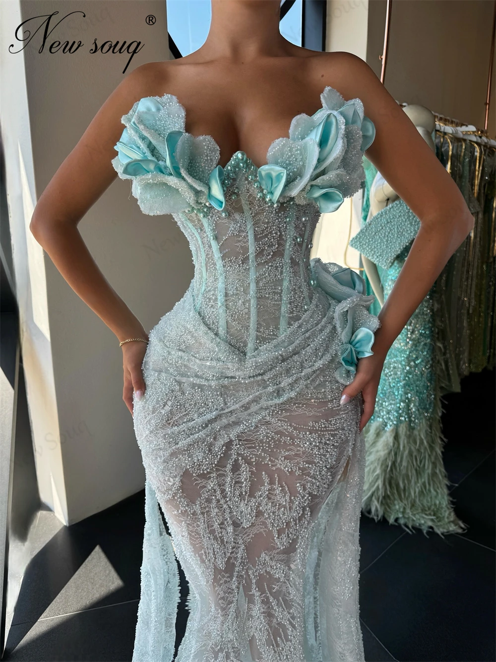 

Blue Beading Prom Dresses Elegant Lace Strapless Flowers Women Evening Dress Customized Mermaid Wedding Party Gowns Vestidos