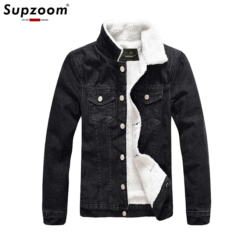 New Arrival 2023 Winter Black Men Plus Velvet Denim Jeans Single Breasted Cotton Solid Turn-down Collar Short Bomber Jacket