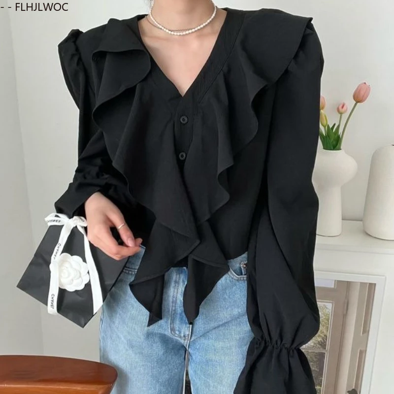 Damskie koreańskie eleganckie bluzki z falbankami, krótkie topy, bluzki damskie z długim rękawem, eleganckie, podstawowe ubrania do biura, białe koszule do pracy.