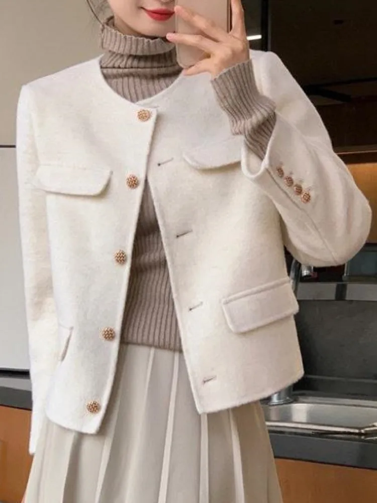 [EWQ] Temperament Long Sleeve Single Breasted Double-faced Cashmere Coat Women Winter Short Woolen Coats 2024 Autumn 16O2727