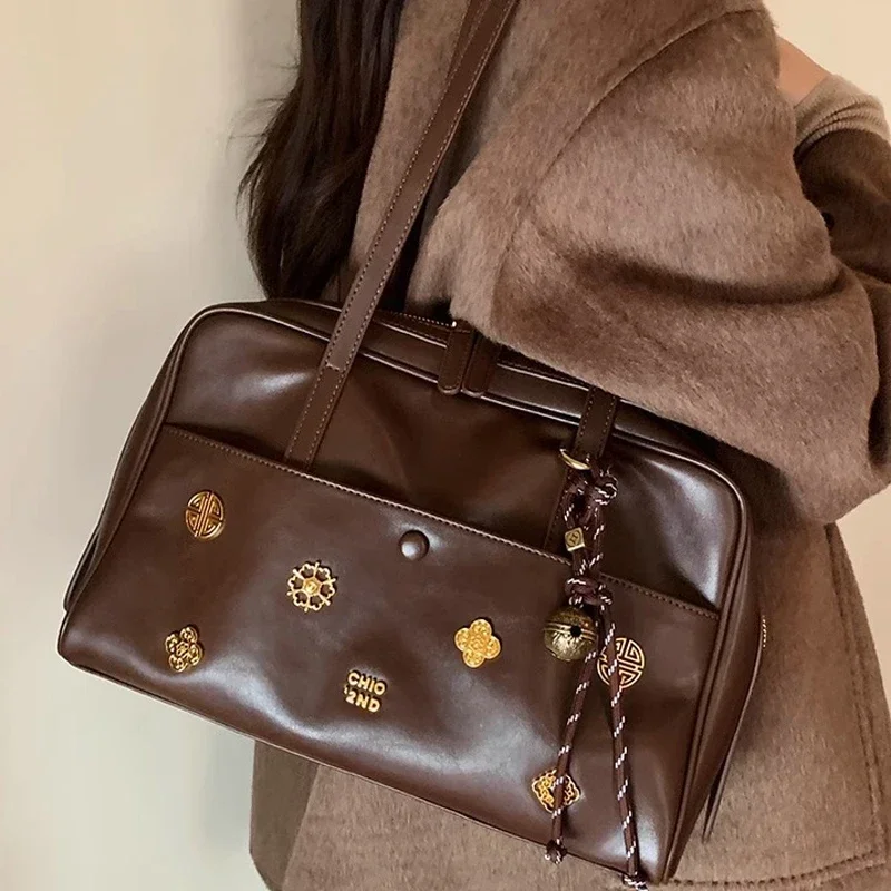 

Luxury Designer Handbag PU Leather Women's Shoulder Bag Retro Metal Flower Purses and Handbag Pillow Boston Bowling Handbag