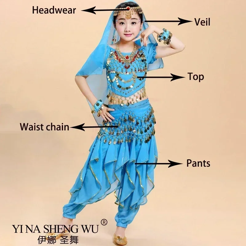 Traje de danza india Oriental para niños, conjunto de traje de danza del vientre, ropa de danza del vientre para niñas, disfraz de actuación para niños y adultos, bufanda de cadera