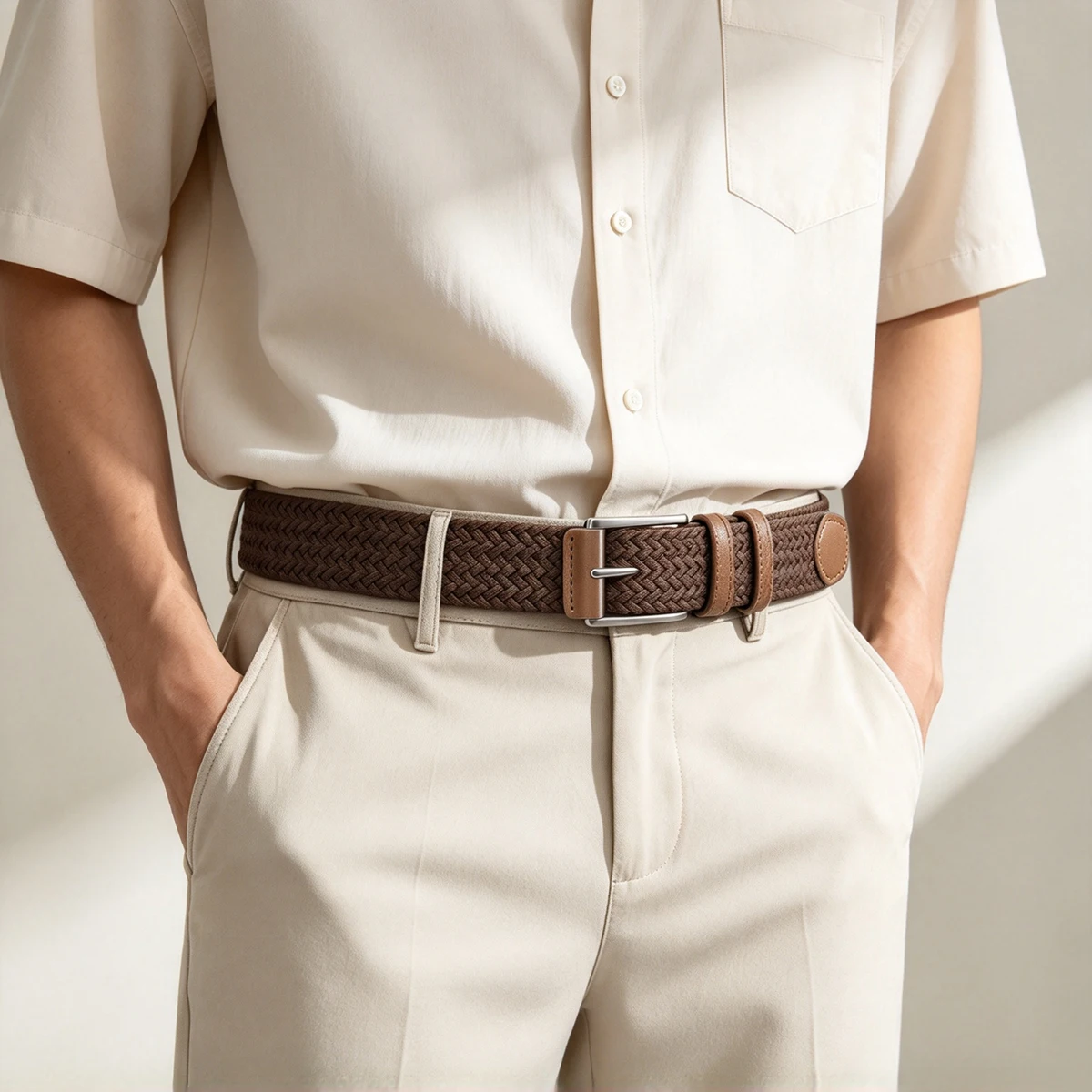 Men's Elastic Braided Canvas Belt, Pin Buckle Casual Belt,  Men Accessory for Outdoor Daily Commute, Multi Colors Available