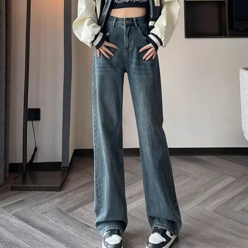 

Джинсы женские винтажные повседневные для молодых студентов весна осень длинные брюки с высокой талией универсальные простые прямые брюки в корейском стиле