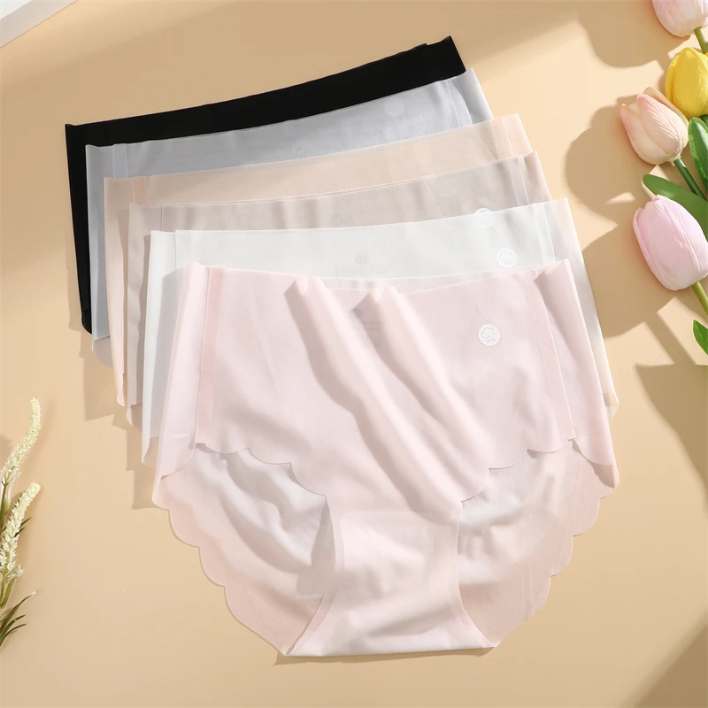 4PCS Ice Silk Seamless Underwear Ultra-thin Women\'s Panties Sexy Transparent Stretch Briefs High Waist Comfortable Lingerie M-XL