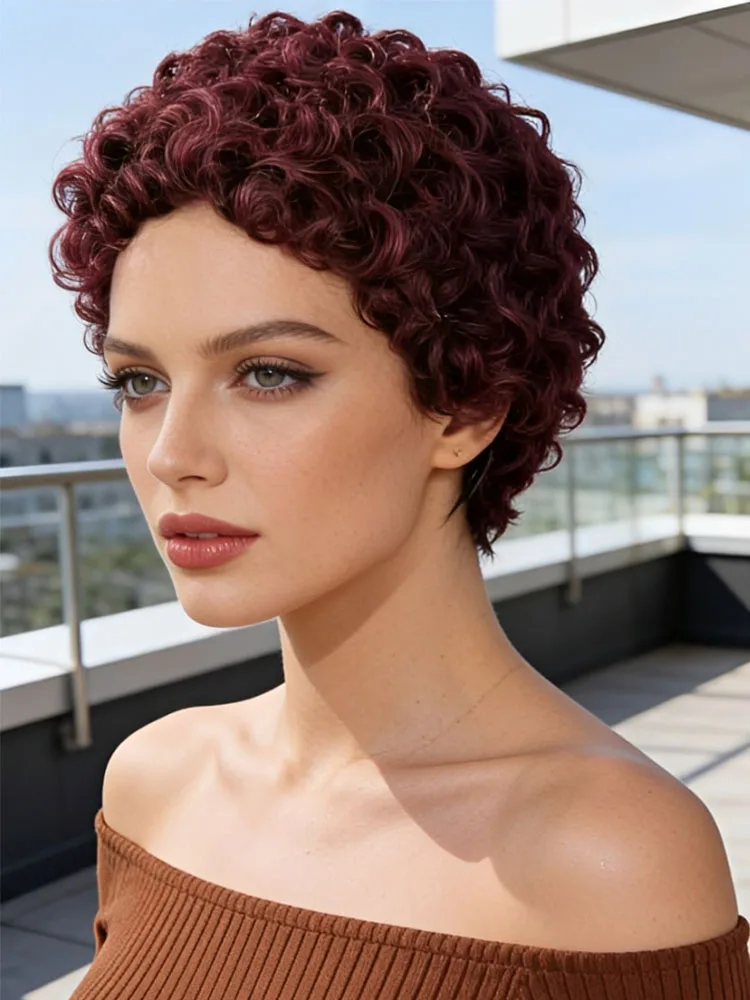 

Lekker Red 100% Human Hair Wigs on clearance Short Pixie Afro Kinky Curly Bob For Women Brazilian Remy Hair Colored Glueless Wig