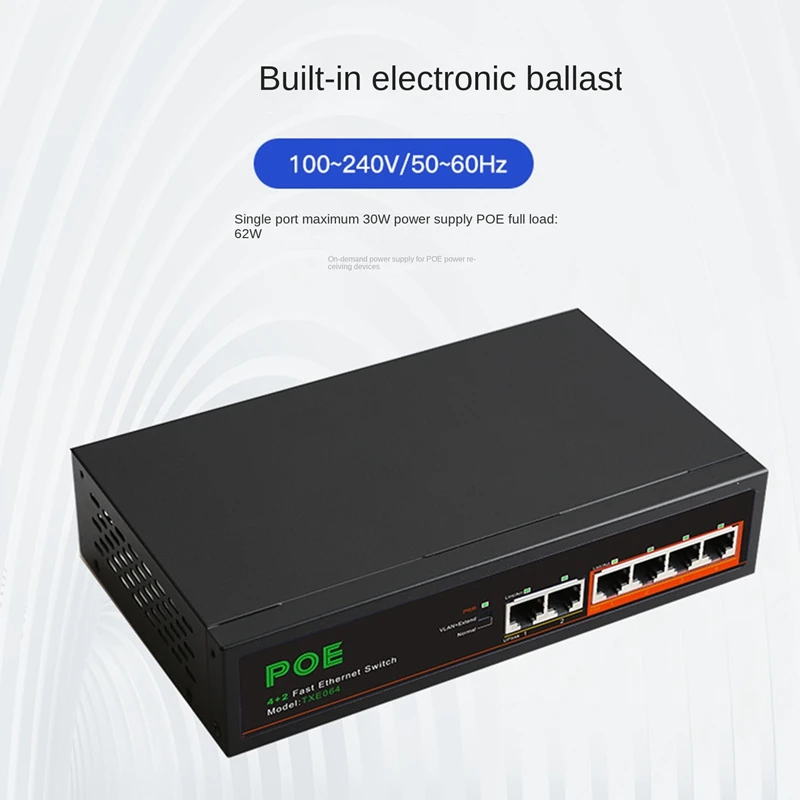 6 Port 100Mbps POE Switch Network Switch Network Splitter Metal With VLAN Function For Surveillance Cameras US Plug