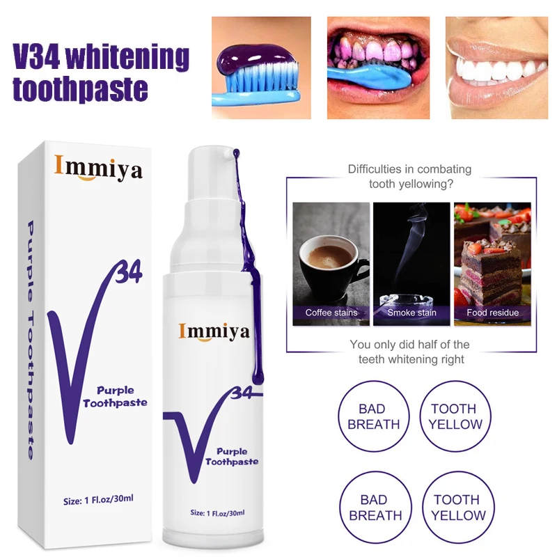 

Dental Teeth Whitening Toothpaste Purple Cleaning Smile Kit Purple Teeth Colour Corrector Serum Reduce Yellowing Safety