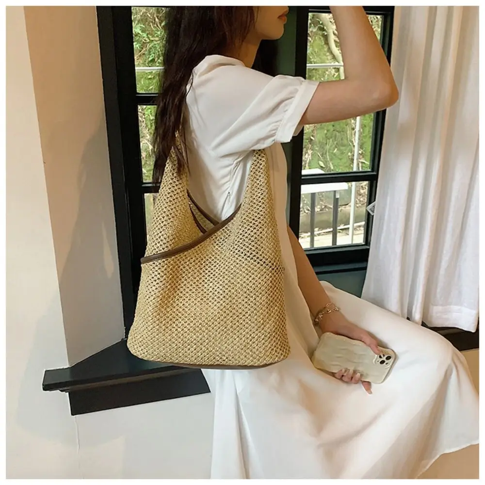 

Straw Straw Woven Bag Fashion Solid Color Large Capacity Handbag Shopping Bag Women