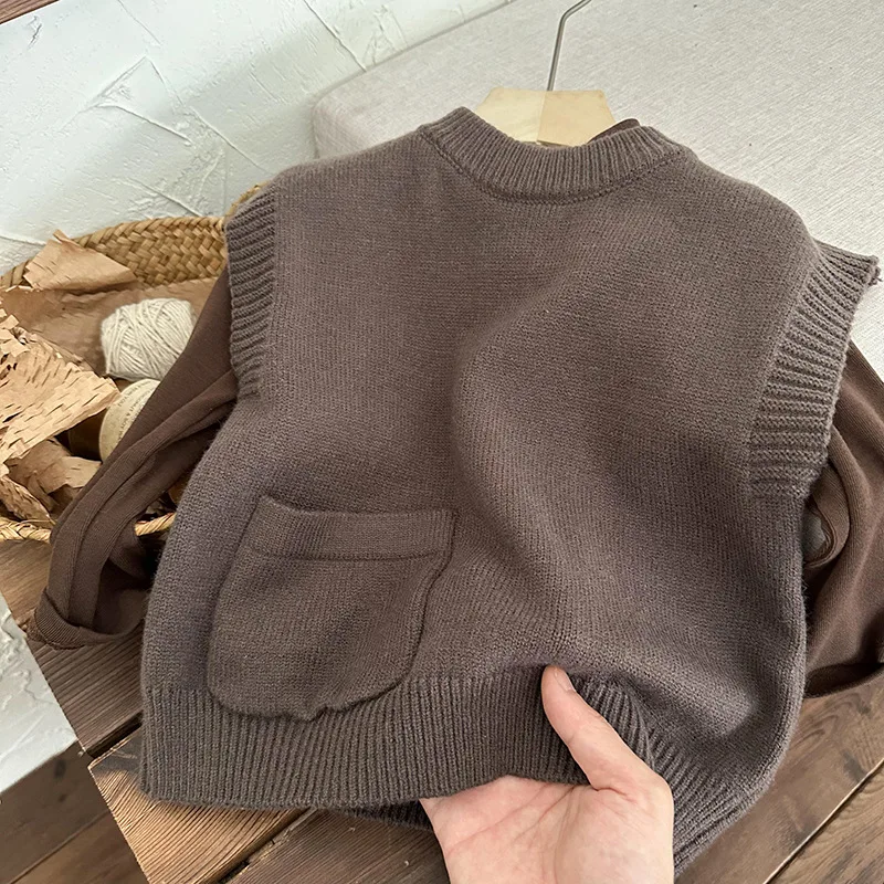 2023 New Fashion Solid Colors Kids Vest Children Knitted Vest Autumn Winter Korean Sleeveless Sweater  boys vest