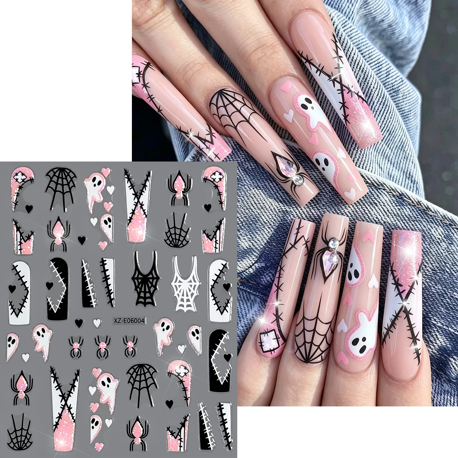 1Pcs Glitter Pink White Black Spider Web Nail Sticker 3D Halloween Skull Pumpkin Castle Ghost Cross Nail Decals DIY Sparkly Deco