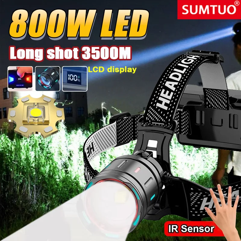 

2024 Newest Powerful LED Headlamp 800W LED IR Sensor Rechargeable Headlight 3500M Super Bright Head Flashlight Fishing Lantern