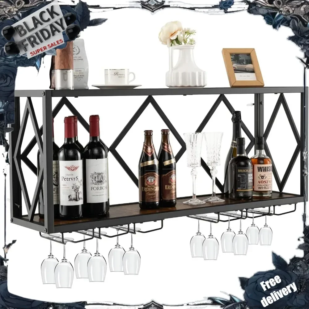 Industrial Wall Mounted Wine Rack, 39-Bottle Metal Wine Holder Wall with 12 Glass Holder, Hanging Wine Glass Rack Wall