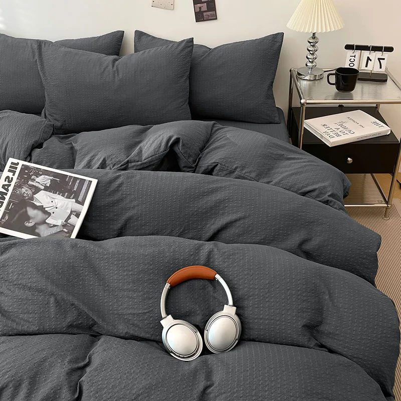 Dark Gray Waffle Weave Bedding Set Soft Breathable Cotton Blend Duvet Cover Pillowcases Sheet Set for Bedroom Guest Room All