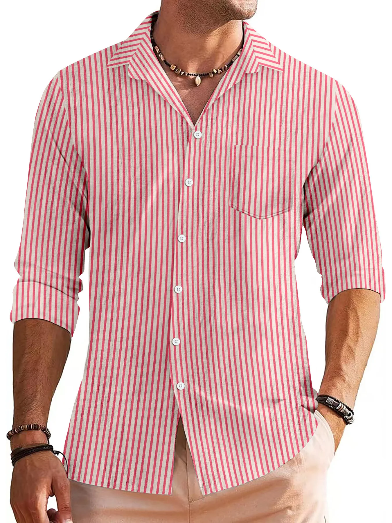 2024 New Spring and Autumn Men's daily casual jacquard striped long-sleeved lapel pocket Shirt