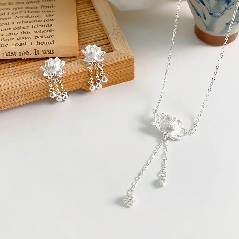 

Dawn's Jewel S999 Full-silver New Lotus Tassel Necklace For Women Retro Chinese Style Pendant necklace