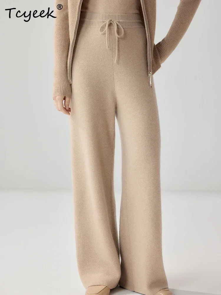 Tcyeek Designer Brand Women's Wide Leg Pants 100% Cashmere Pants Autumn Winter Thicken Warm Straight Pant Lace up Knit Trousers