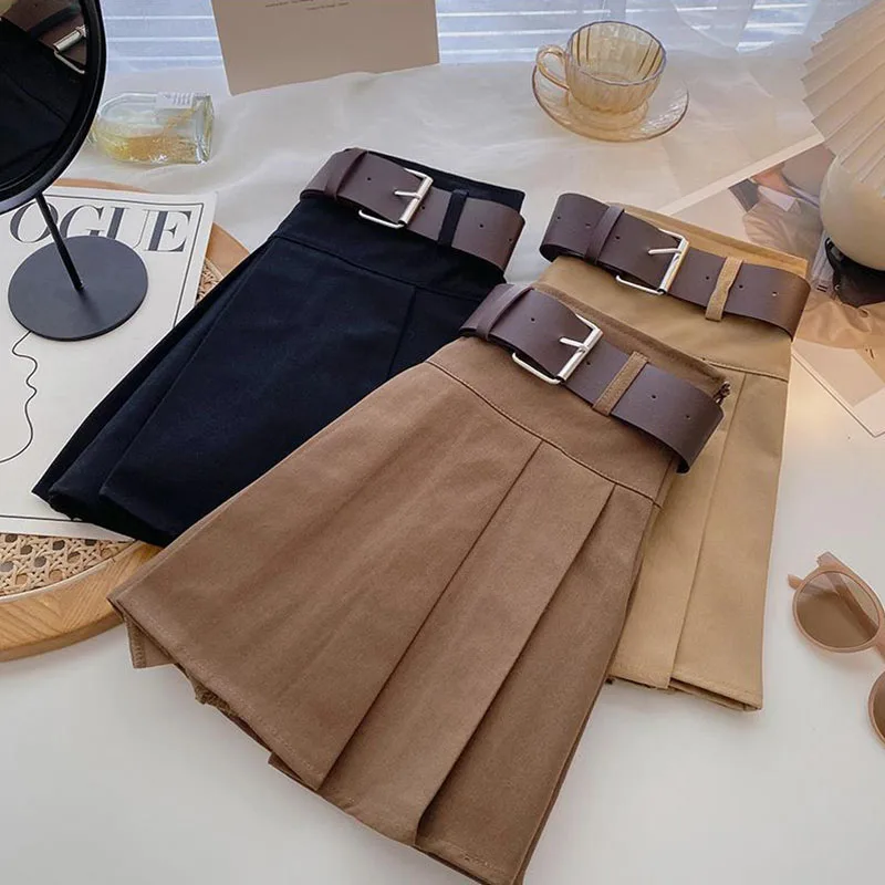 Fashion Belt Women Pleated Skirts High Waist Shorts Mini Skirt Buttons Female Korean All Match Skirt New