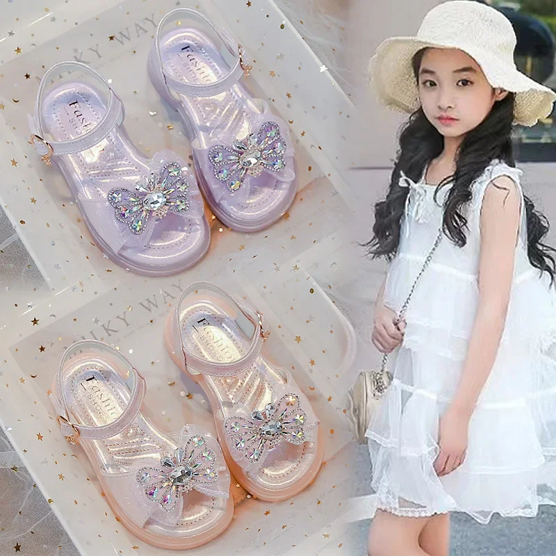 

Girls' Crystal Princess Shoes Fashion Bow Children's Sandals 2025 Summer New Soft Bottom Baby Kid's Casual Beach Shoes