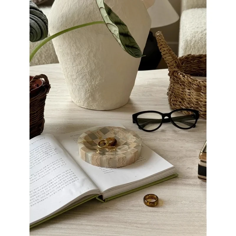 Wabi-sabi Mosaic Jewelry Tray Handcrafted Travertine Display Tray Art Home Decor Plates for Perfume Luxury Trinket Dish Vintage