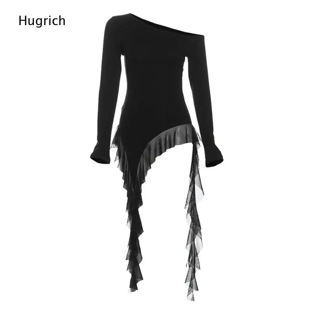 Diagonal Off Shoulder Flare Sleeve Blouse Uneven Hem Long Layered Mesh Ruffle Streamer Black Slim Daily Night Out Top