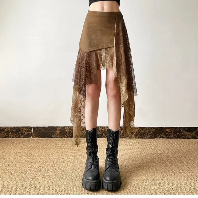 2026 New Women's Y2K Gothic Asymmetrical Midi Skirts High Waist Suede Patchwork Lace Irregular Dark Academia Streetwear Bottoms
