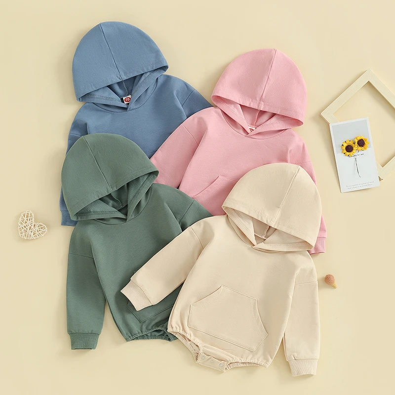 0-24months Baby boys and girls Hooded Romper spring autumn Front Pocket Bodysuit for infant boys and girls