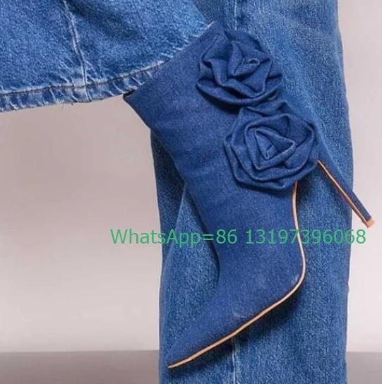 

Lady denim jeans blue flower rose design boots pointed toe cowboy 3D-rose flower stiletto heel ankle boots vintage denim boots