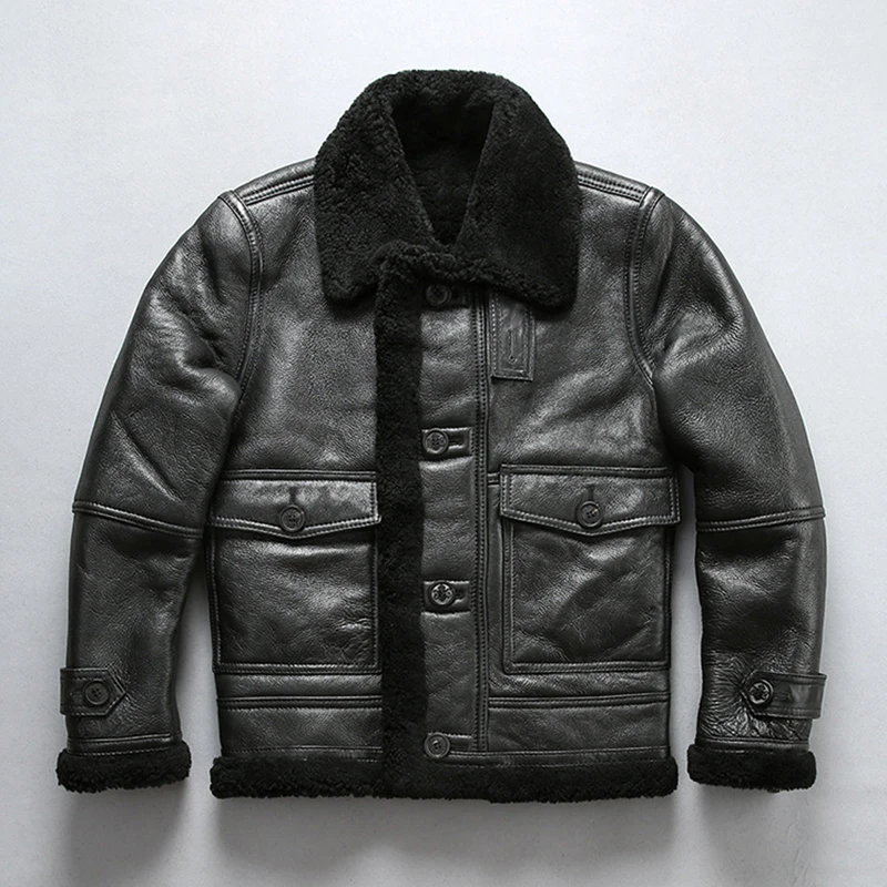 New Winter Shearling Black Lapel Clothes Man's Buttons Sheepskin Fur Genuine Leather Jackets